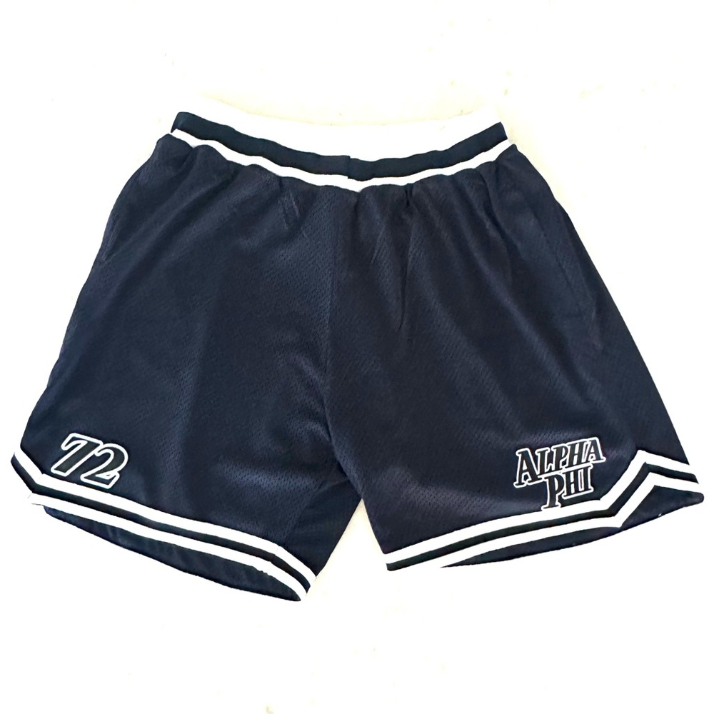 Alpha Phi Navy 72 The Hang Loose Hut Mesh Long Shorts Size Medium NWOT